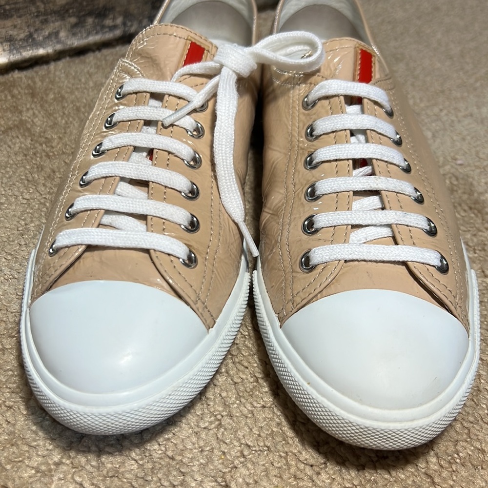 PRADA Sport Patent Leather Nude Cipria Lace Up Sneakers. TV $500 - Picture 7 of 9